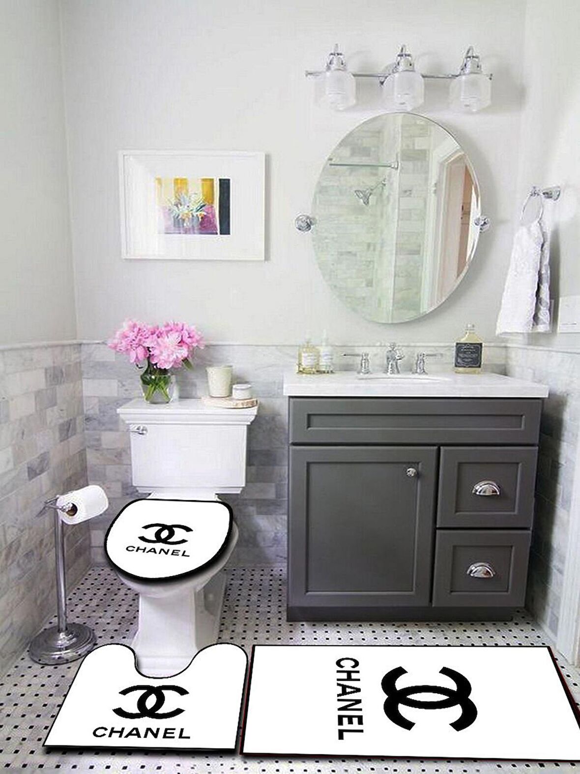 Yıkanabilir Kaymaz Tabanlı Dekoratif Desenli 3 lü Klozet Takımı Banyo Paspas Seti