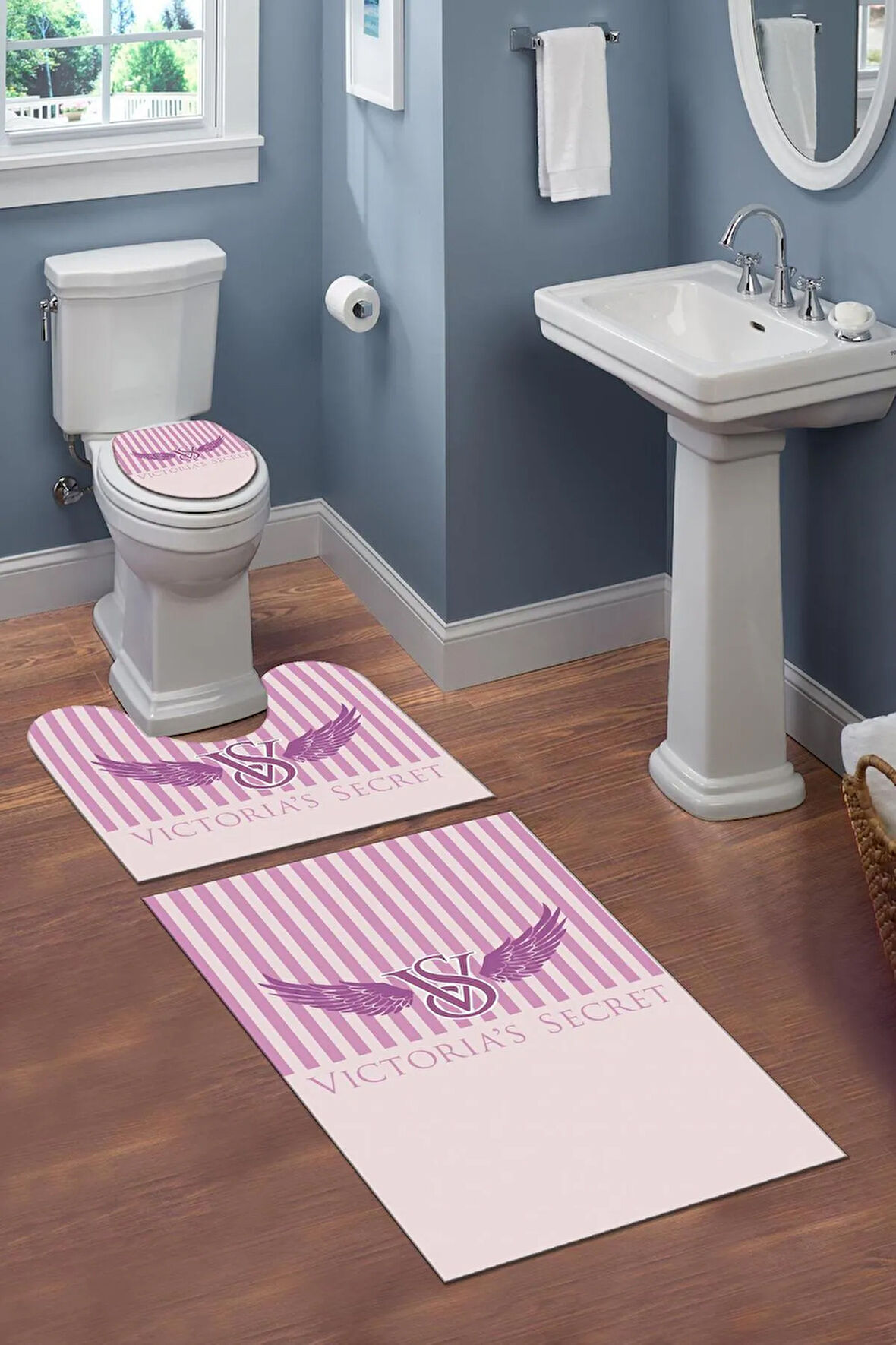 Yıkanabilir Kaymaz Tabanlı Dekoratif Desenli 3 lü Klozet Takımı Banyo Paspas Seti