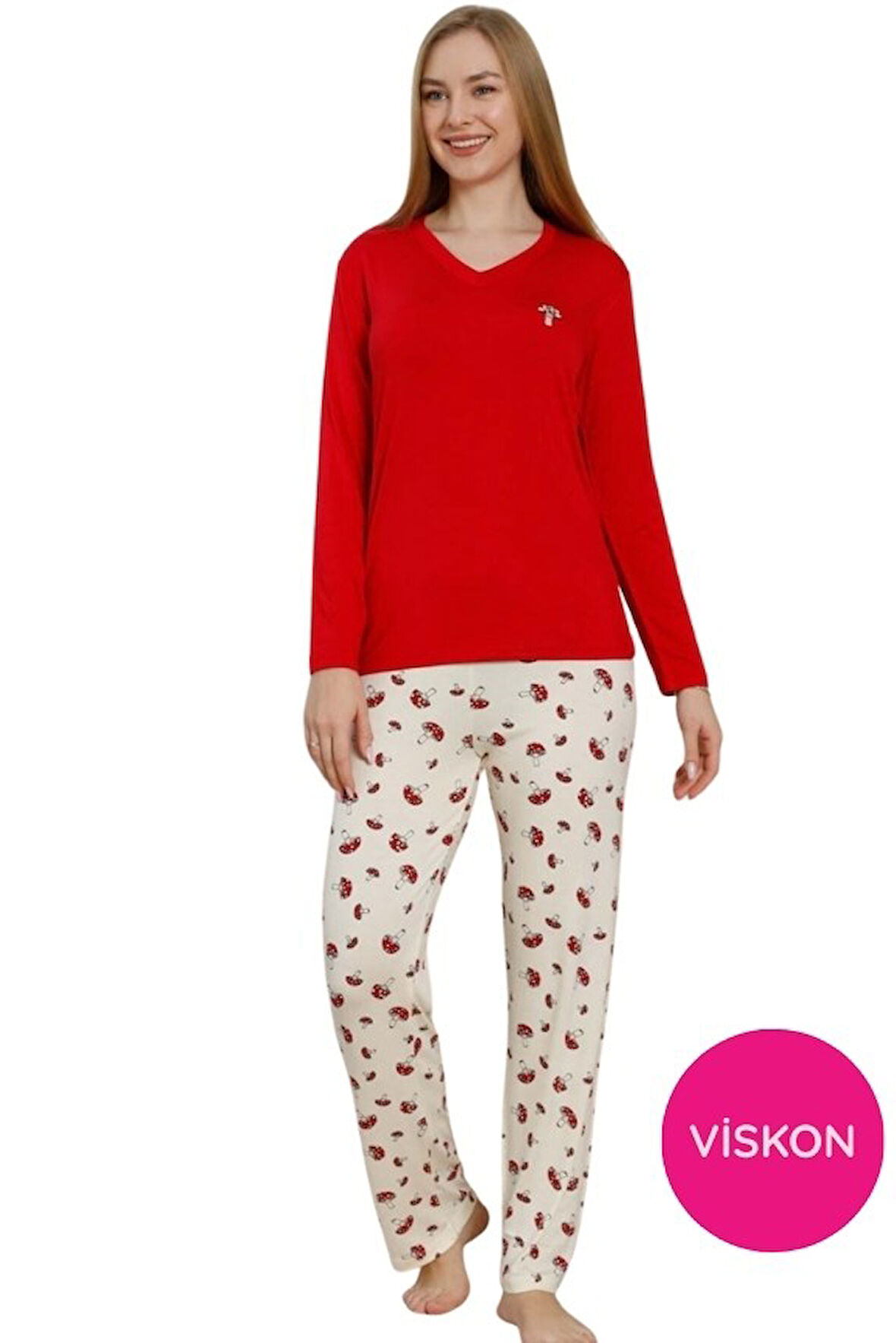 Kadın V Yaka Düğmesiz Mantar Desen Likralı Viskon Mevsimlik Uzun Kol Pijama Takımı