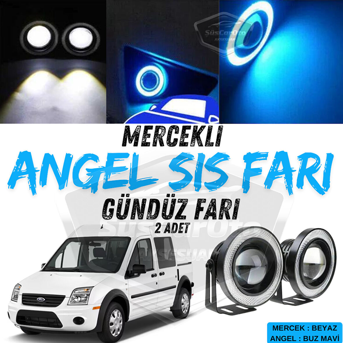 Ford Transit Connect 2002-2013 Uyumlu Üniversal Mercekli Angel Sis Farı Metal Su Geçirmez 76 mm Buz Mavi Halkalı Gündüz Farı Angel Eyes 2 Adet
