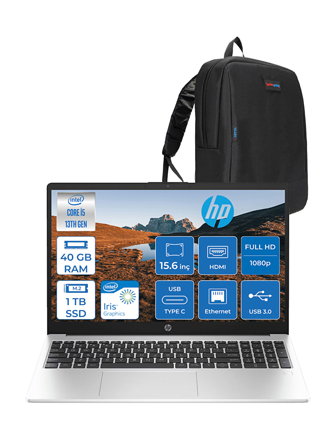 Hp 250 G10 Intel Core I5 1334U 40GB 1tb SSD Intel® Iris® Xᵉ Grafik Freedos 15.6" Taşınabilir Bilgisayar 9G1E5ETF23 + Zetta Çanta