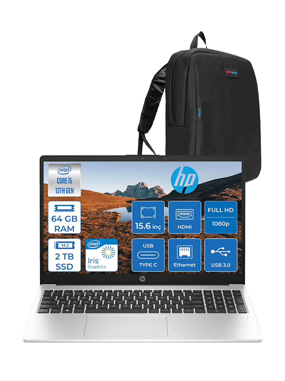 Hp 250 G10 Intel Core I5 1334U 64GB 2tb SSD Intel® Iris® Xᵉ Grafik Freedos 15.6" Taşınabilir Bilgisayar 9G1E5ETF34 + Zetta Çanta