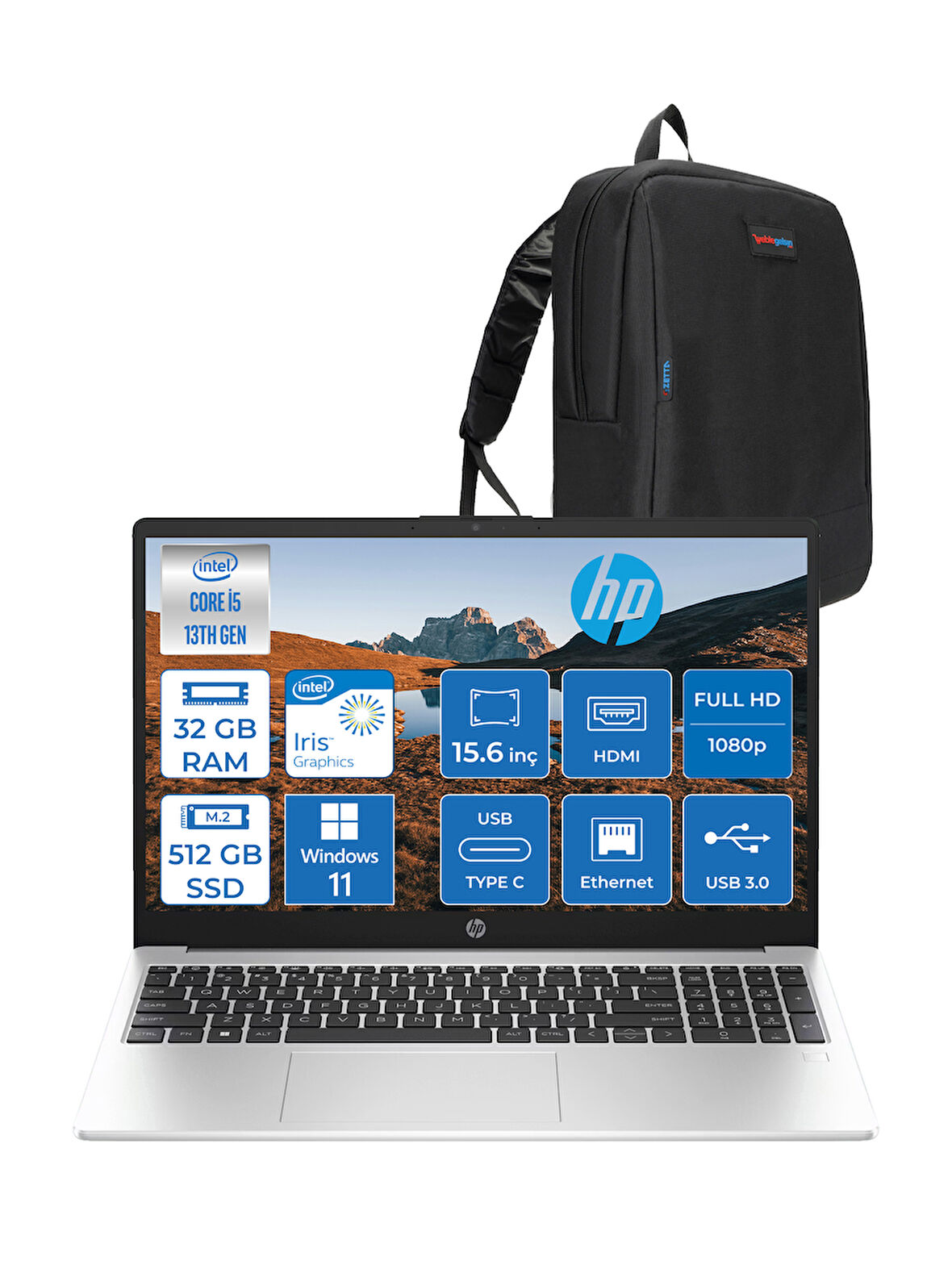 Hp 250 G10 Intel Core I5 1334U 32GB 512GB SSD Intel® Iris® Xᵉ Grafik Windows 11 Home 15.6" Taşınabilir Bilgisayar 9G1E5ETH17 + Zetta Çanta