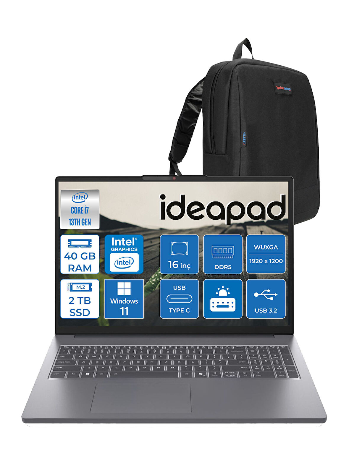 Lenovo Ideapad Slim 3 16IRH10 Intel Core I7 13620H 40GB 1tb SSD + 1tb SSD Windows 11 Home 16" Wuxga (1920X1200) IPS 300NITS Taşınabilir Bilgisayar 83K2001VTRH09 + Zetta Çanta