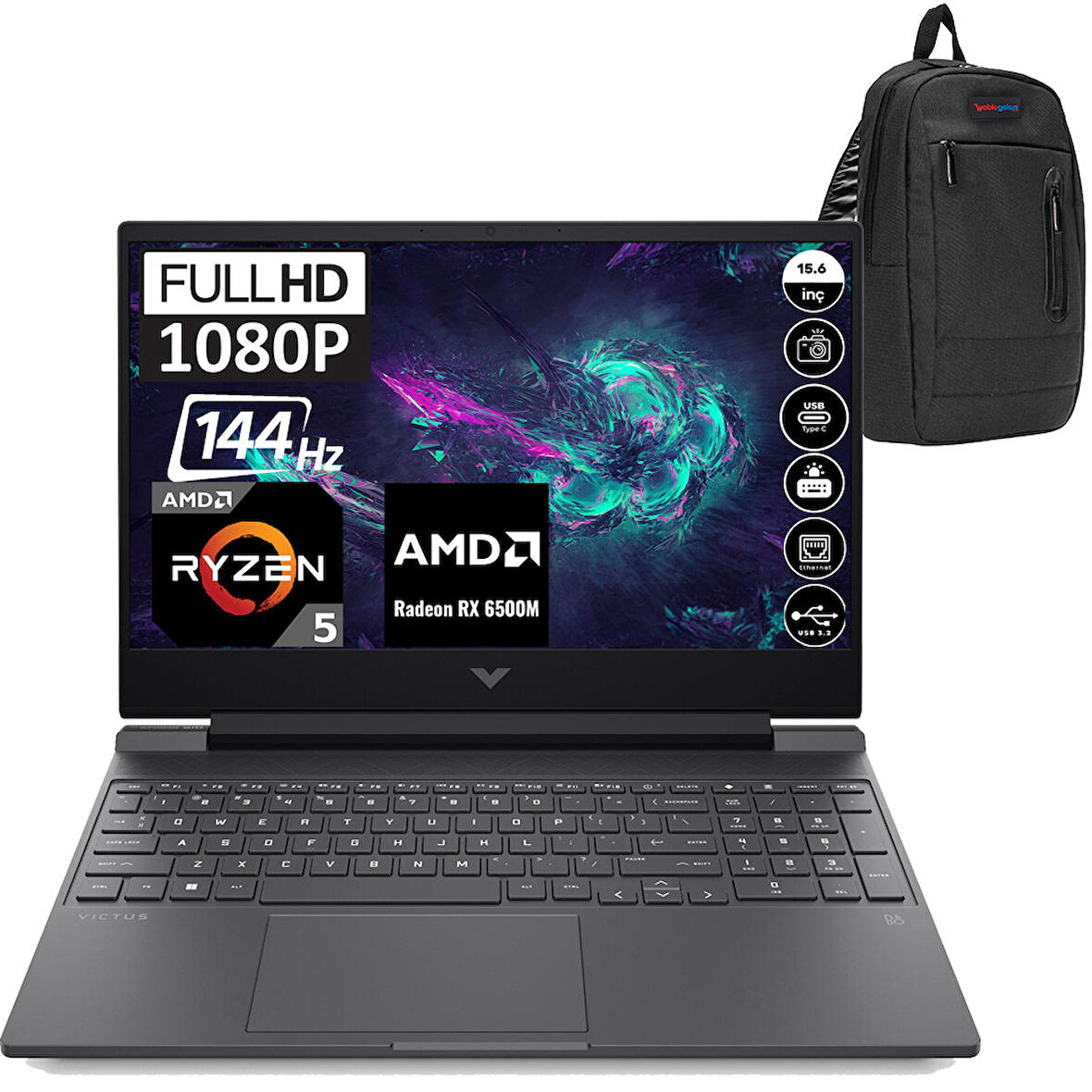 Hp Victus Gaming Laptop 15-FB0015NT Amd Ryzen 5 5600H 16GB 1TB SSD RX6500M Windows 11 Home 15.6" FHD 144 Hz Taşınabilir Bilgisayar 7J3T4EAH05 + Zetta Çanta