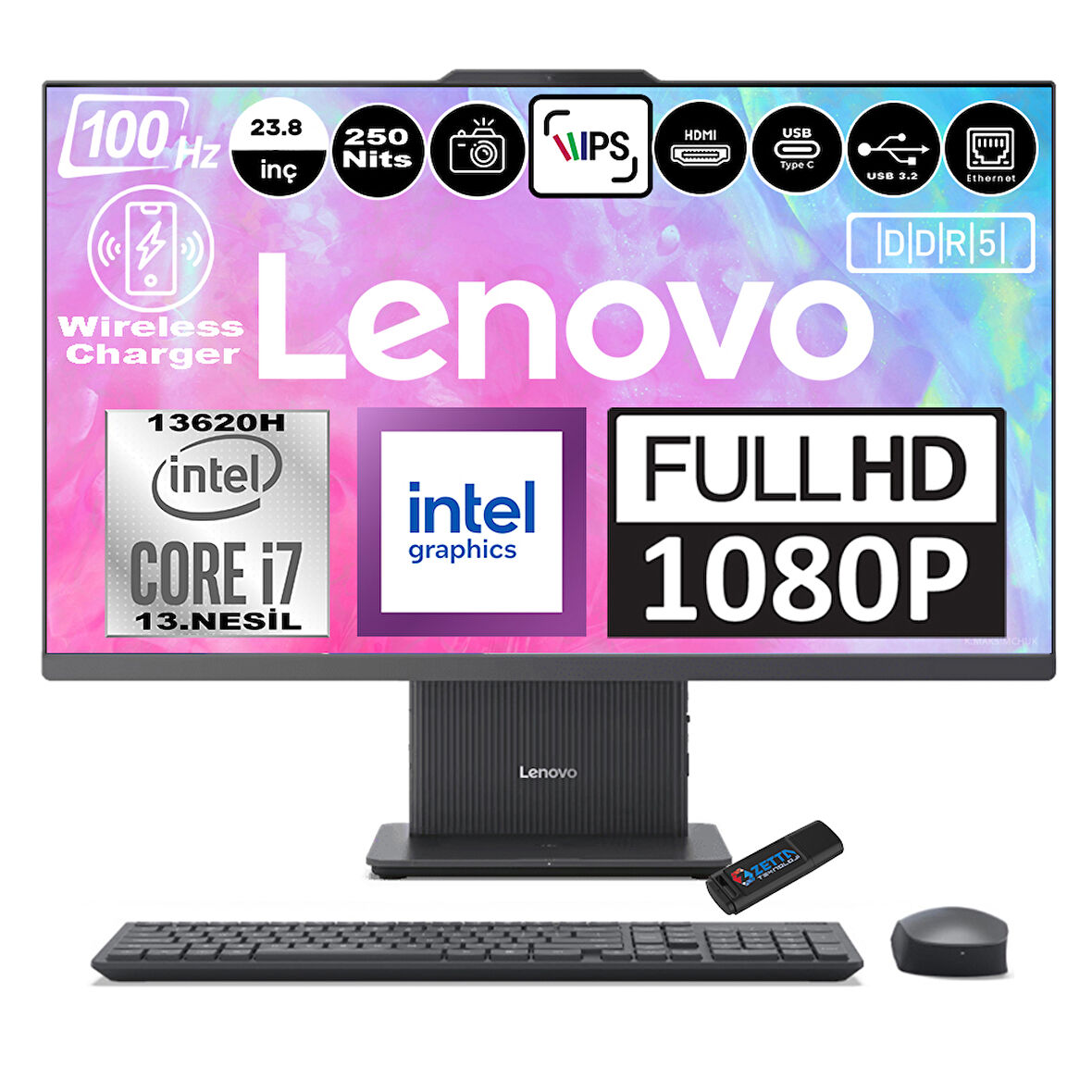 Lenovo Ideacentre Aıo 24IRH9 Intel Core I7-13620H Ddr5 16GB 512GB SSD Intel UHD Graphics 23.8 Fhd IPS Windows 11 Pro Gri All In One Bilgisayar F0HN00EATRP06 + Zetta Flash Bellek