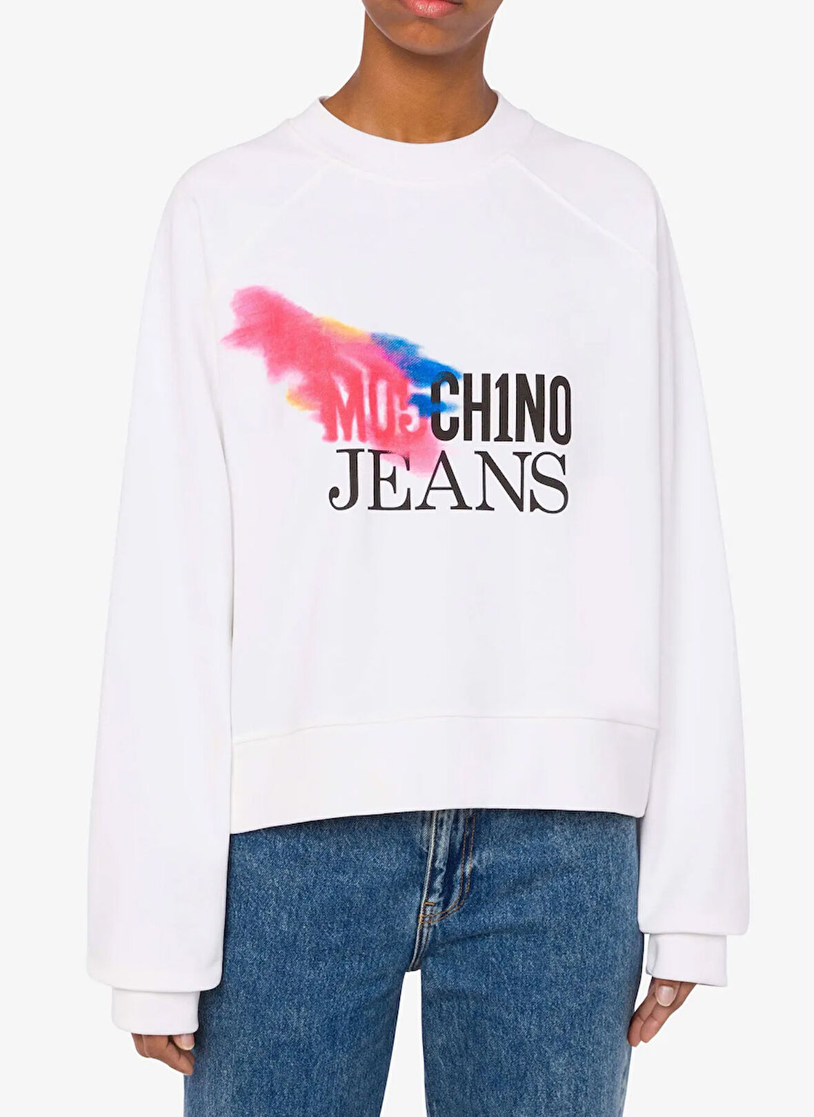 Moschino Jeans Yuvarlak Yaka Baskılı Beyaz Kadın Sweatshırt J1709-1002