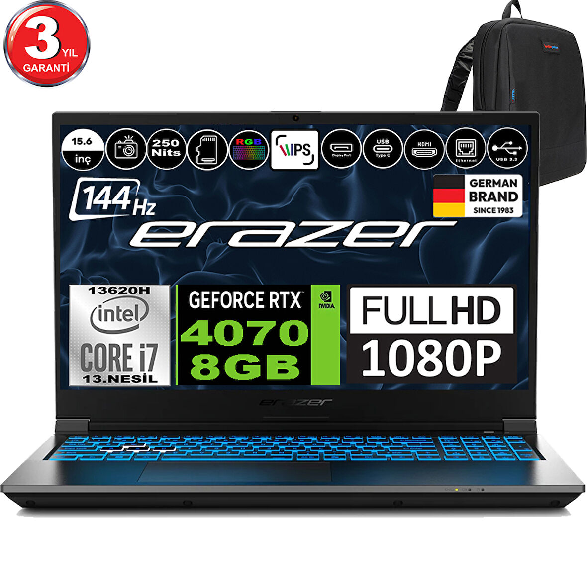 Erazer Deputy P60 Intel Core I7 13620H 32GB 2tb SSD 8gb RTX4070 Windows 11 Pro 15.6" Fhd IPS 144Hz Taşınabilir Bilgisayar MD62748P07 + Zetta Çanta
