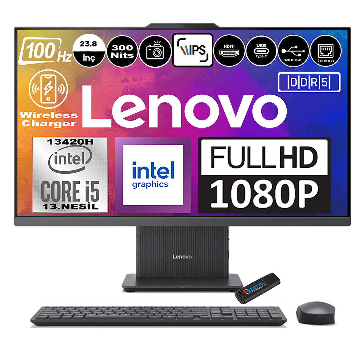 Lenovo Ideacentre Aıo 24IRH9 Intel Core I5-13420H Ddr5 64GB 256GB SSD Intel UHD Graphics 23.8 Fhd IPS Windows 11 Home Koyu Gri All In One Bilgisayar F0HN0057TRH13 + Zetta Flash Bellek