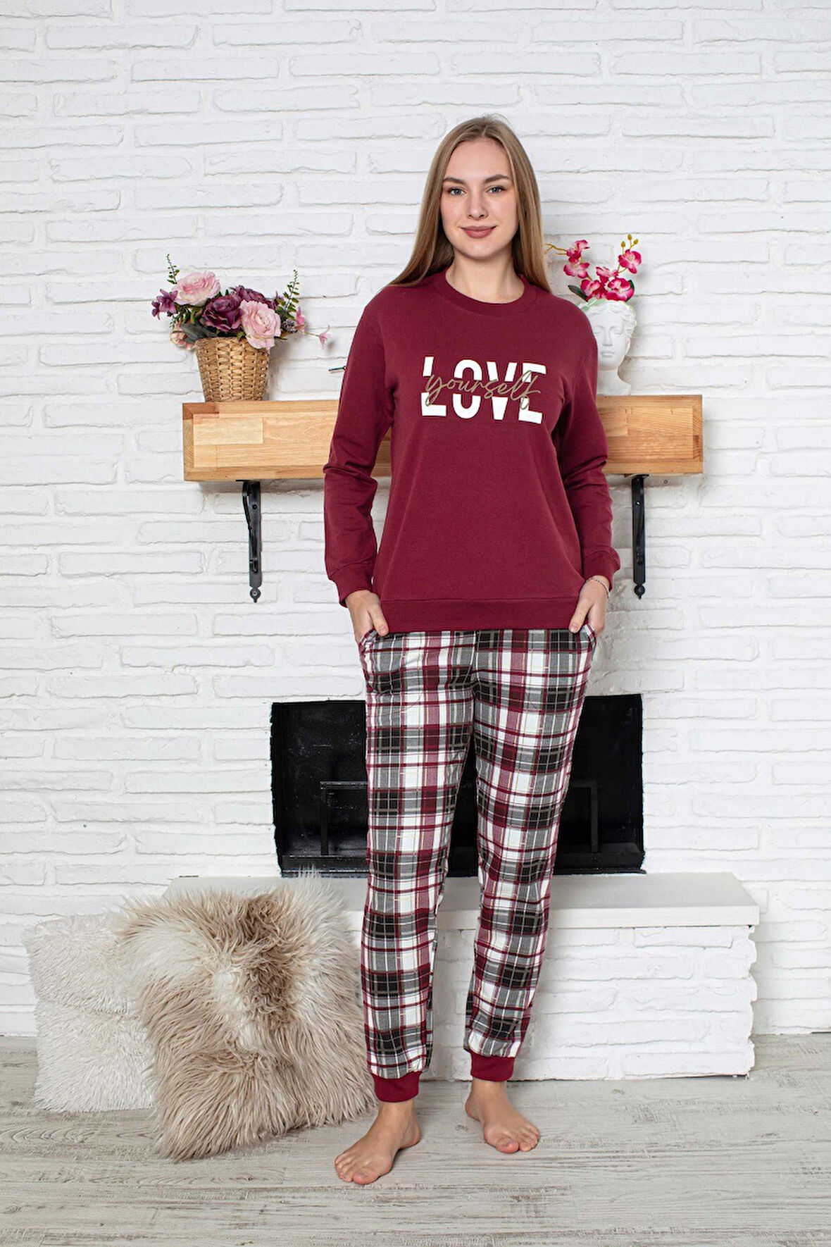 Kadın Bisiklet Yaka Bilek Manşet/Lastikli 2 İplik Cepli Kışlık Jogger Eşofman Pijama Takımı Homewear