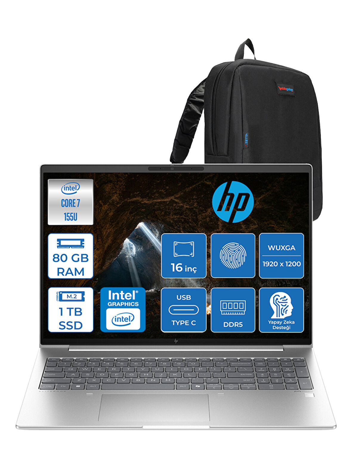 Hp Elitebook 660 G11 Intel Core Ultra 7 155U 80GB Ddr5 1tb SSD 16" Wuxga 300NITS IPS Freedos Taşınabilir Bilgisayar 9C004EAF27 + Zetta Çanta