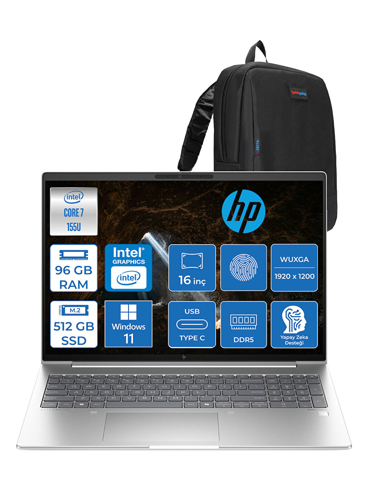 Hp Elitebook 660 G11 Intel Core Ultra 7 155U 96GB Ddr5 512GB SSD 16" Wuxga 300NITS IPS Windows 11 Home Taşınabilir Bilgisayar 9C004EAH31 + Zetta Çanta