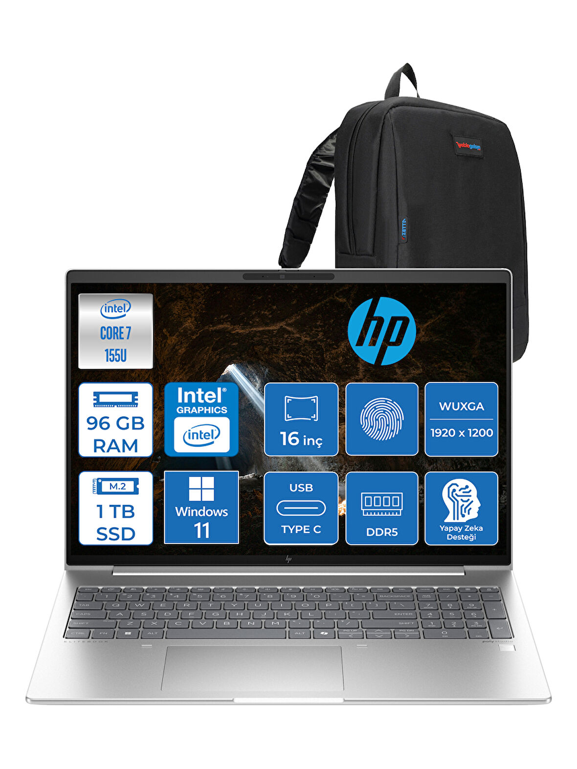 Hp Elitebook 660 G11 Intel Core Ultra 7 155U 96GB Ddr5 1tb SSD 16" Wuxga 300NITS IPS Windows 11 Home Taşınabilir Bilgisayar 9C004EAH32 + Zetta Çanta
