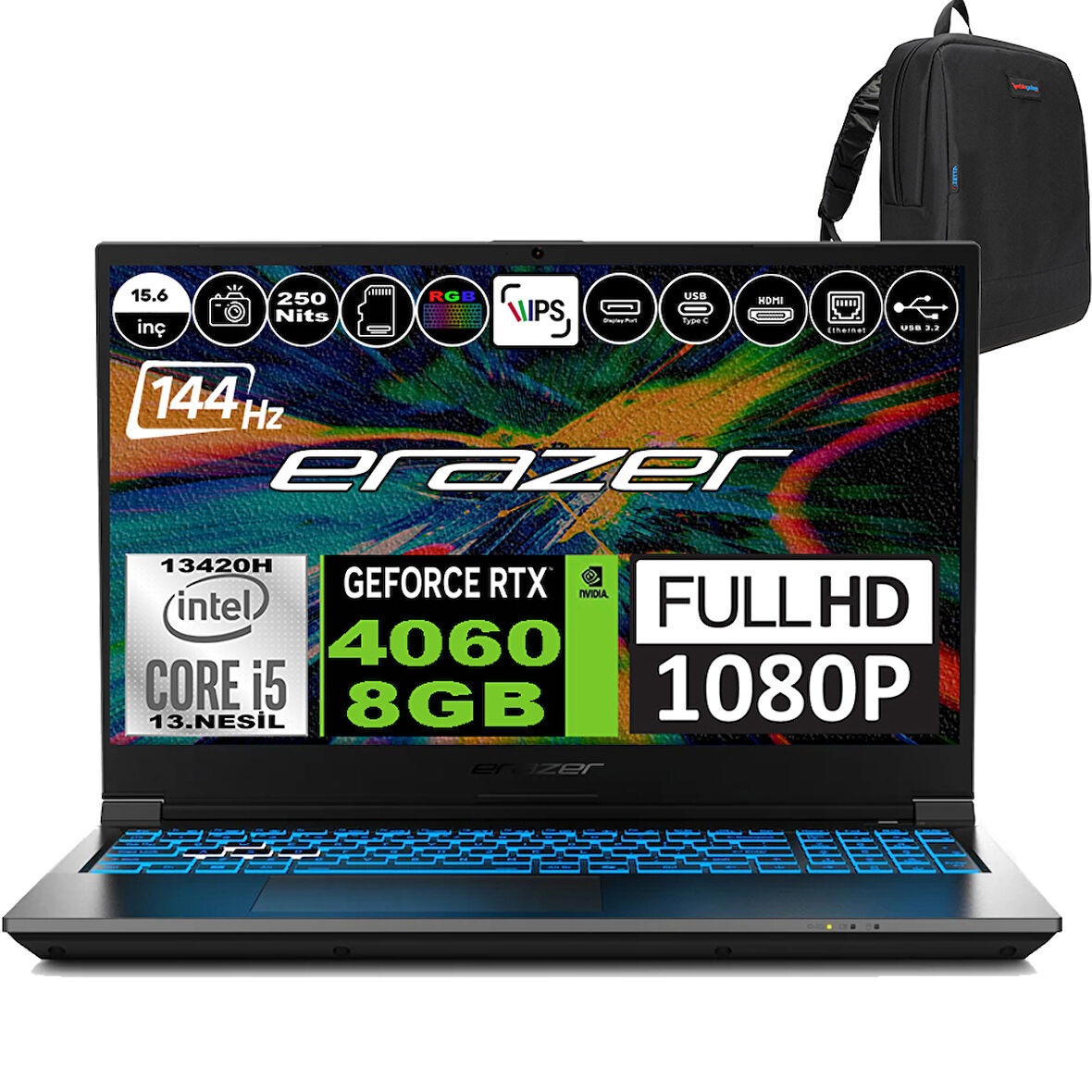 Erazer Deputy P60I Intel Core I5 13420H 32GB 512GB SSD RTX4060 Freedos 15.6" Fhd IPS 144Hz Taşınabilir Bilgisayar MD62747F05 + Zetta Çanta
