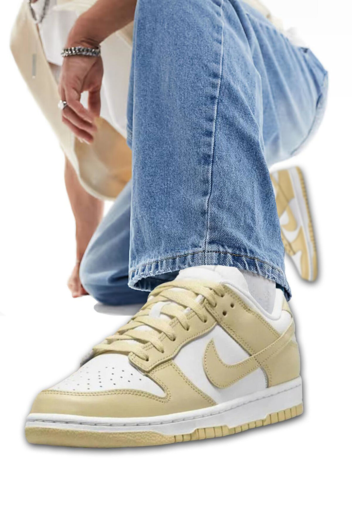 Nike Dunk Low Retro Team Gold Beyaz-Bej Renk Deri Erkek Spor Ayakkabı 