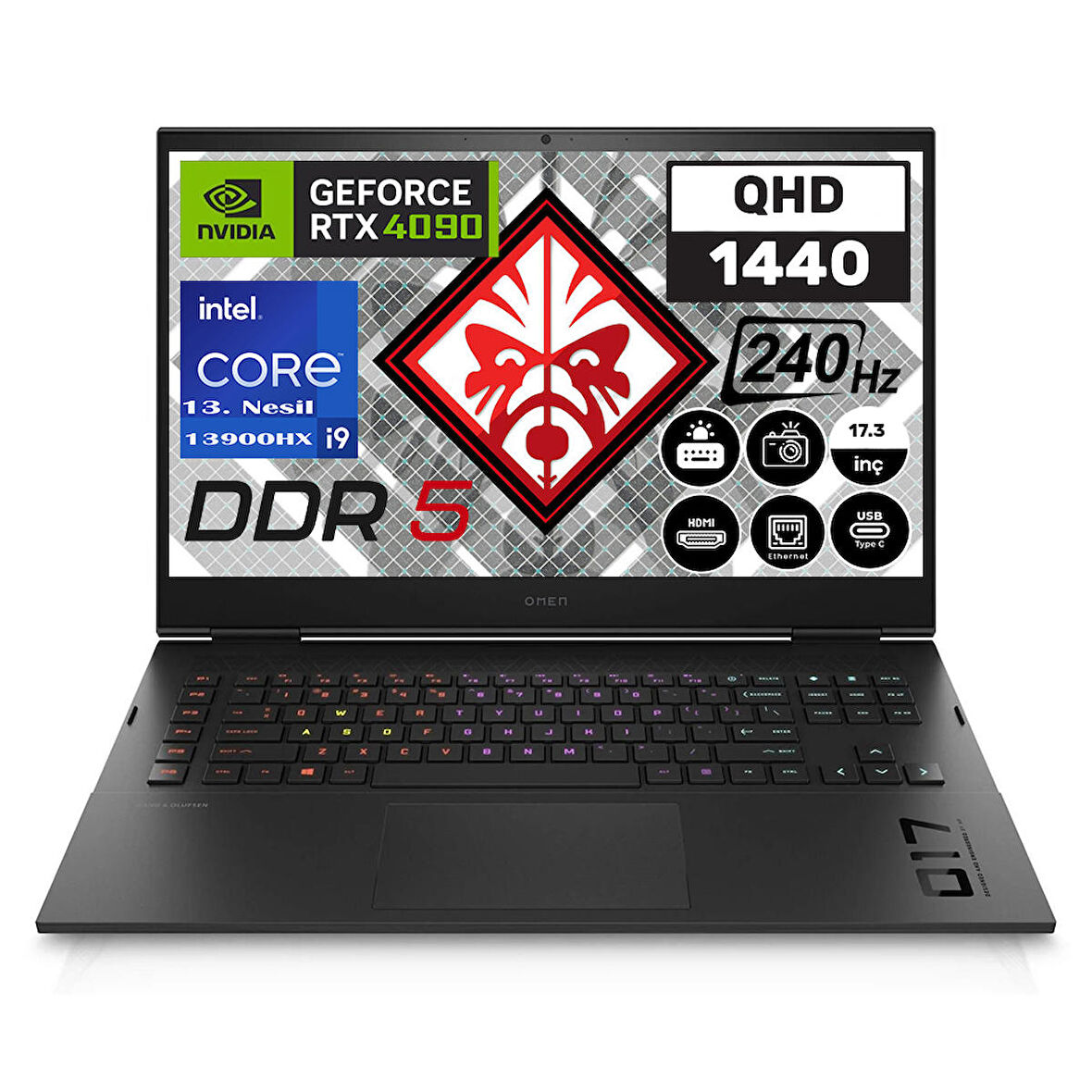 HP Omen 17-CK2001NT Intel Core i9 13900HX 32GB 2TB SSD Windows 11 Home RTX4090 16GB 17.3" QHD 240HZ Taşınabilir Bilgisayar 7P6D4EA05 + Zetta Çanta