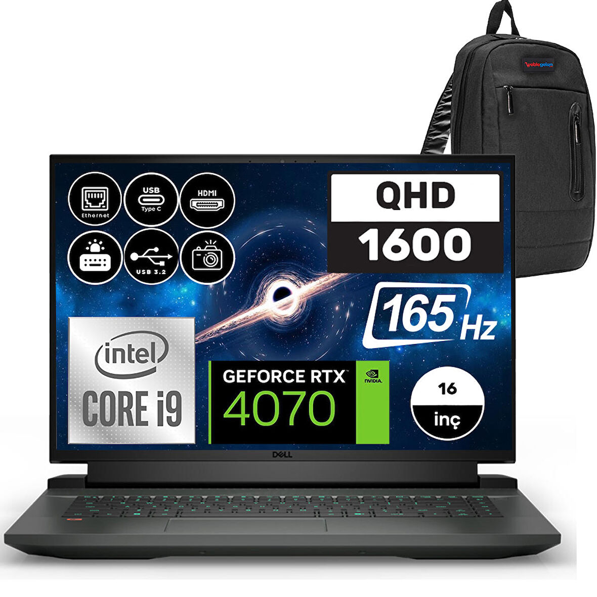Dell Gaming G16 7630 Intel Core I9 13900HX 64GB DDR5 512GB SSD RTX4070 8GB Windows 11 Pro 16" QHD+ 165Hz Taşınabilir Bilgisayar G167630020WP07 + Zetta Çanta