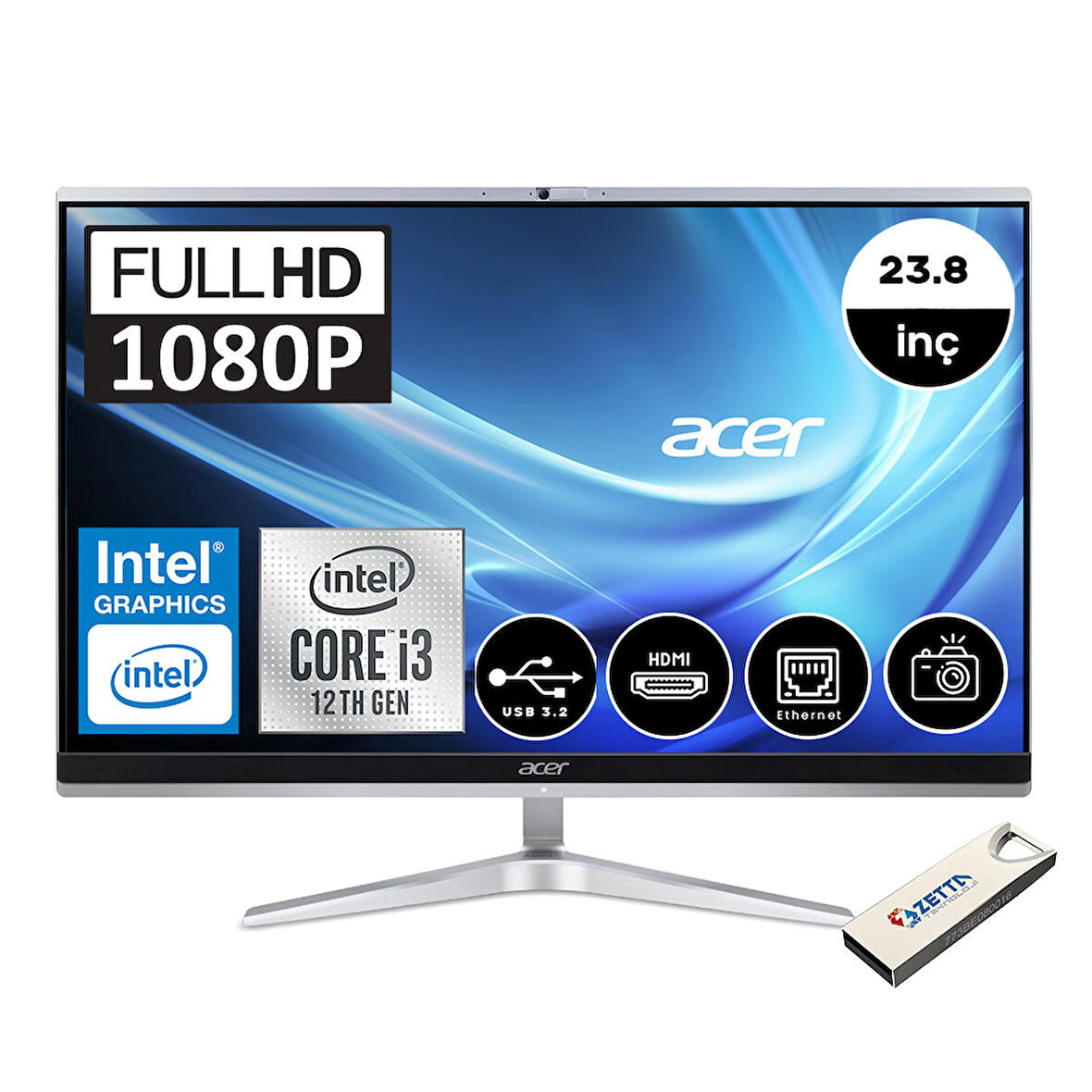 Acer Aspire C24-1650 Intel Core I3 1115G4 16GB 256GB SSD Windows 11 Pro 23.8" Fhd All In One Bilgisayar DQBFTEMP05 + Zetta Flash Bellek