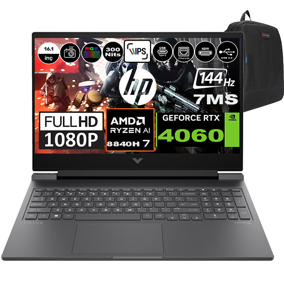 Hp Victus 16-S1010NT Amd Ryzen 7 8840H 32GB Ram 512GB SSD Freedos 16.1 Inç Fhd 144Hz 7ms 300NİT 8GB-RTX4060 Taşınabilir Bilgisayar 9Z790EAF01 + Zetta Çanta