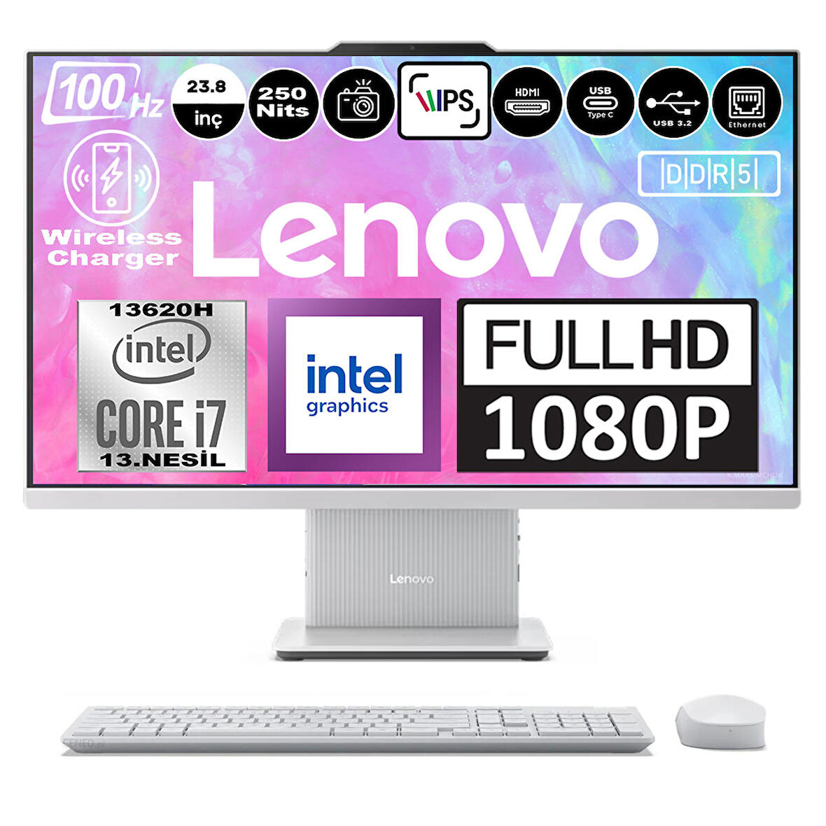 Lenovo Ideacentre Aıo 24IRH9 Intel Core I7-13620H Ddr5 16GB 256GB SSD Intel UHD Graphics 23.8 Fhd IPS Windows 11 Home Beyaz All In One Bilgisayar F0HN0056TRH05 + Zetta Flash Bellek