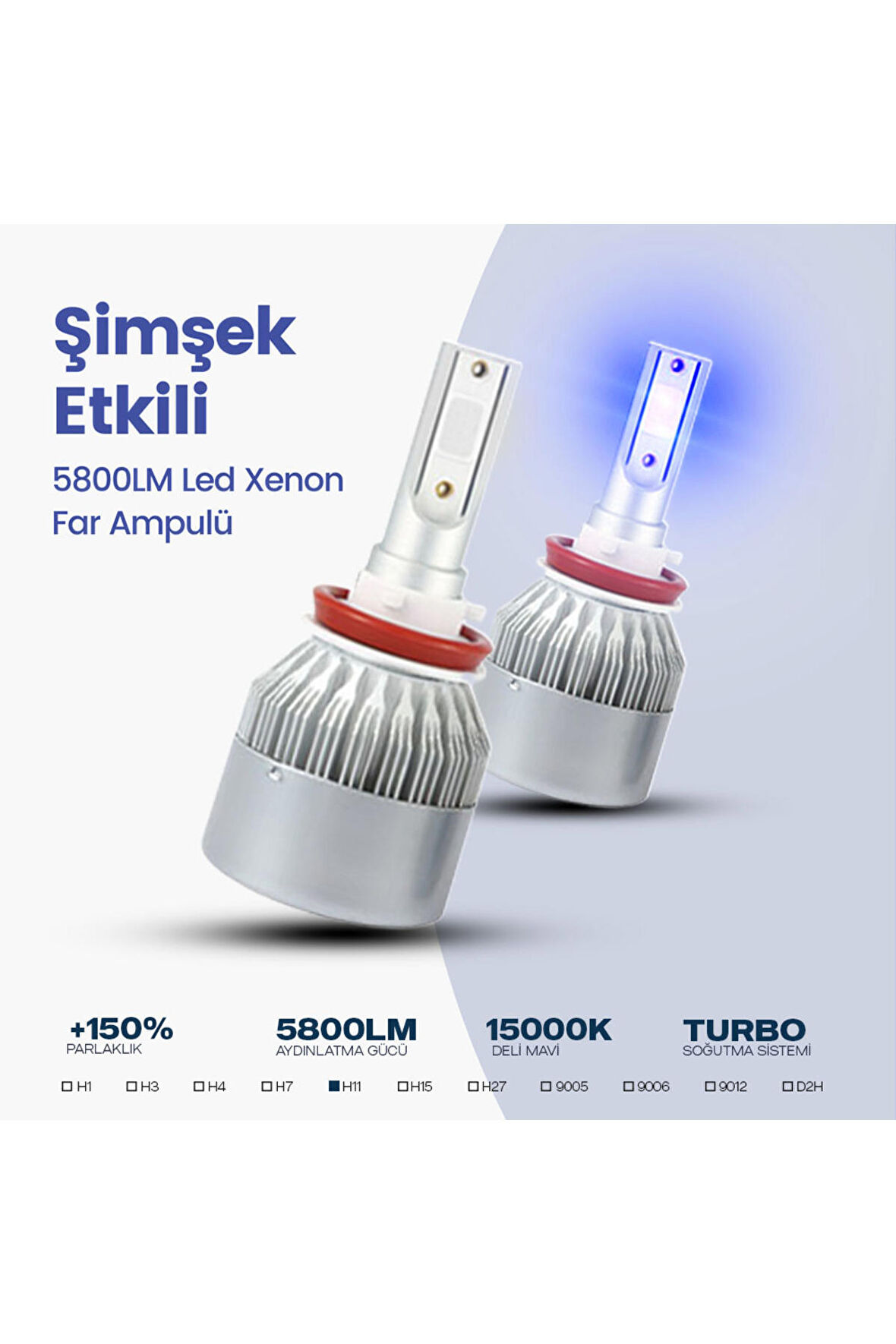 C6 Led Xenon Far Ampulü Şimşek Etkili 5800LM Chip on Board 10000K Deli Mavi H11