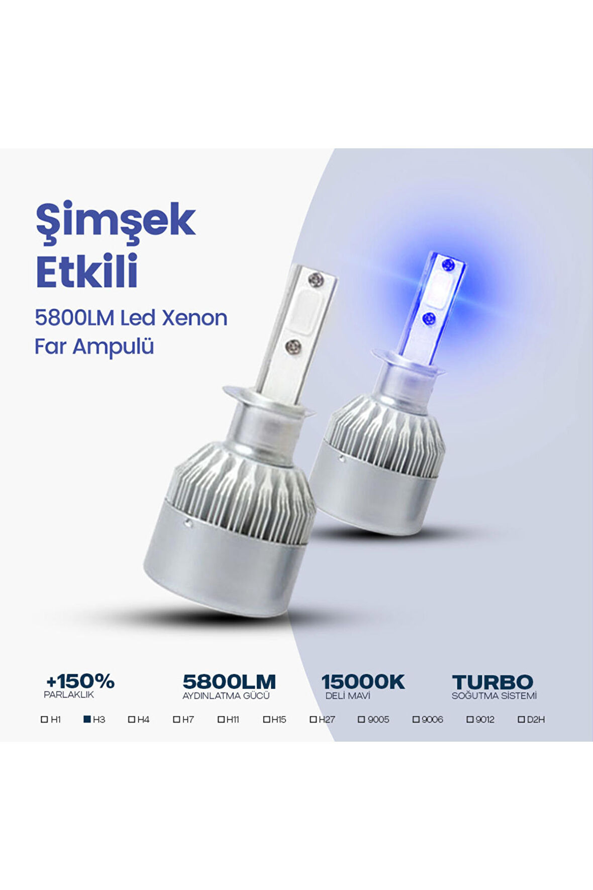 C6 Led Xenon Far Ampulü Şimşek Etkili 5800LM Chip on Board 10000K Deli Mavi H3