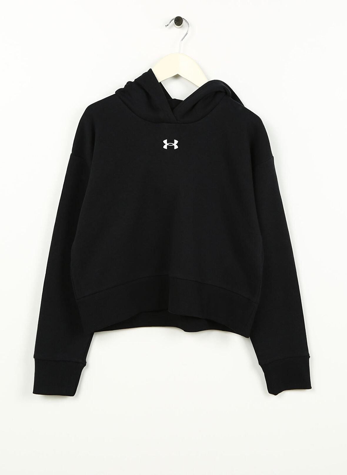 Under Armour Siyah Kız Çocuk Kapüşonlu Uzun Kollu Bol Kesim Düz Sweatshirt 1379517-001 UA Rival Fleece Crop Ho