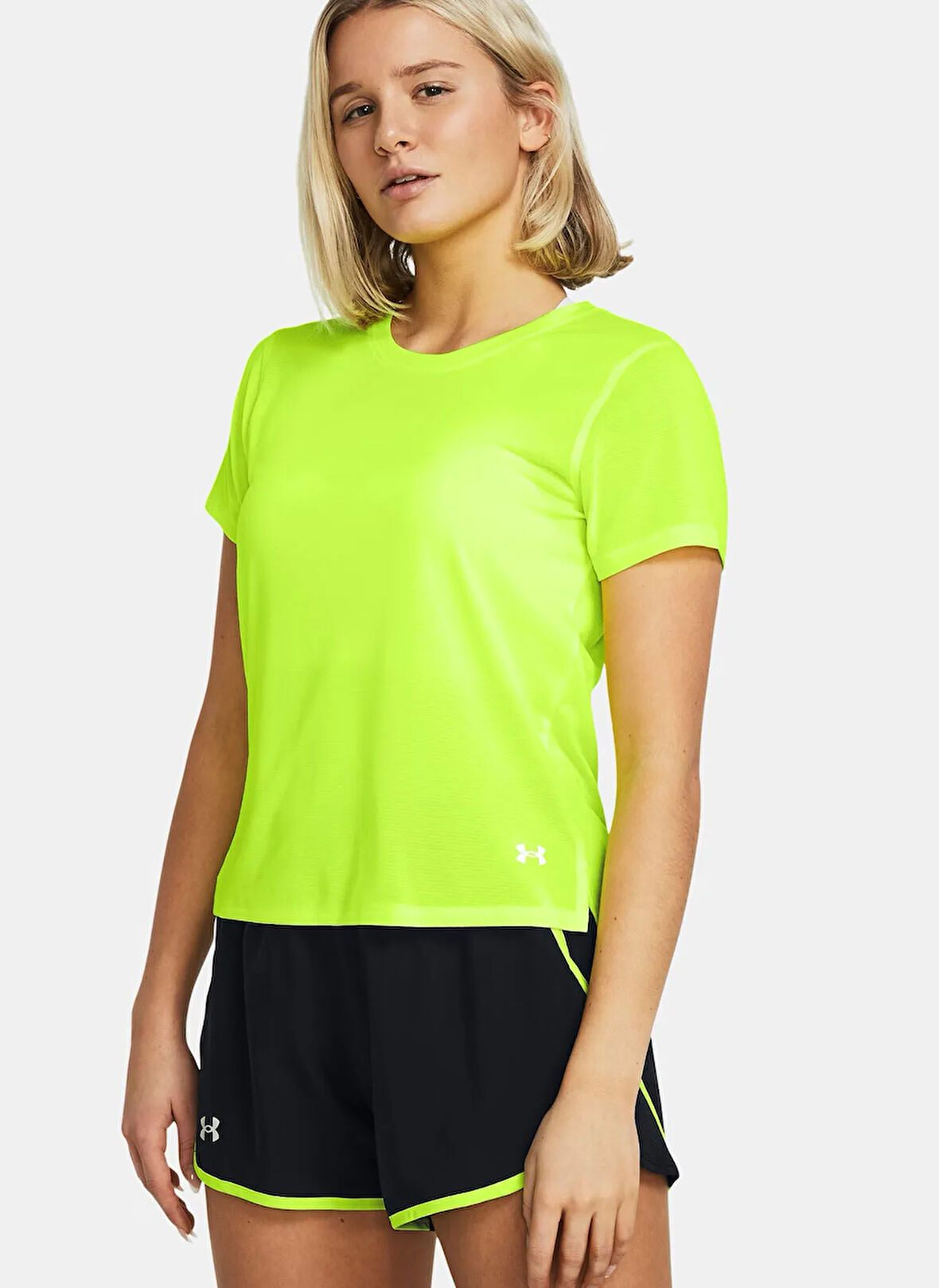 1382434-731 UA Launch Shortsleeve Yuvarlak Yaka Fitted Sarı Kadın T-Shirt