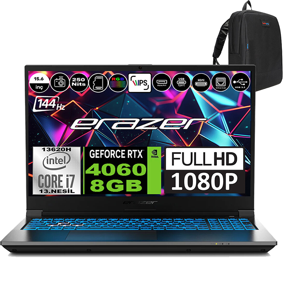 Erazer Deputy P60I Intel Core I7 13620H 16GB 512GB SSD RTX4060 Freedos 15.6" Fhd IPS 144Hz Taşınabilir Bilgisayar MD62749F01 + Zetta Çanta