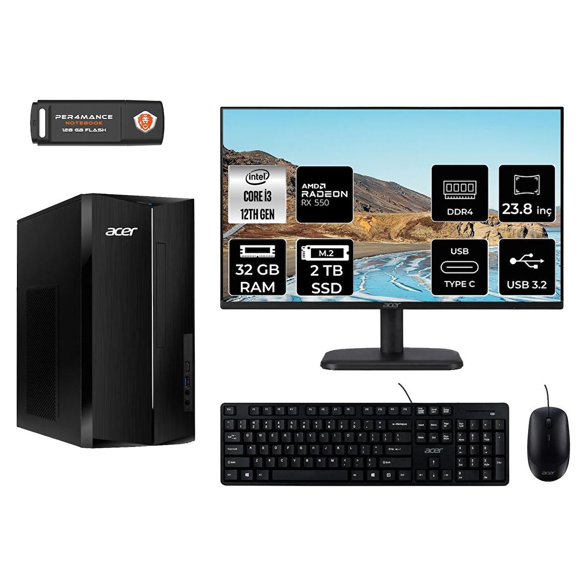 Acer Aspire TC1760 i3 12100 32GB 2TB SSD RX550/4GB FDOS DT.BHUEM.004 MASAÜSTÜ PC & 23.8" MONİTÖR