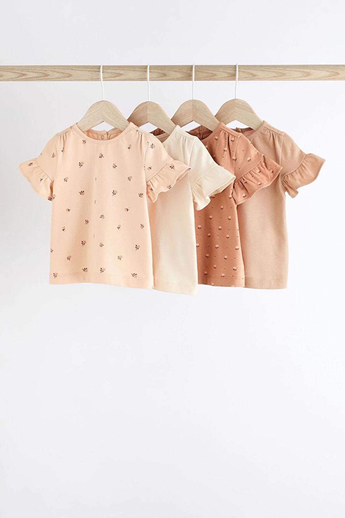 Next Baby % 100 Pamuklu Bej Pembe Çiçek Desenli Kısa Kollu 4’lü Thsirt