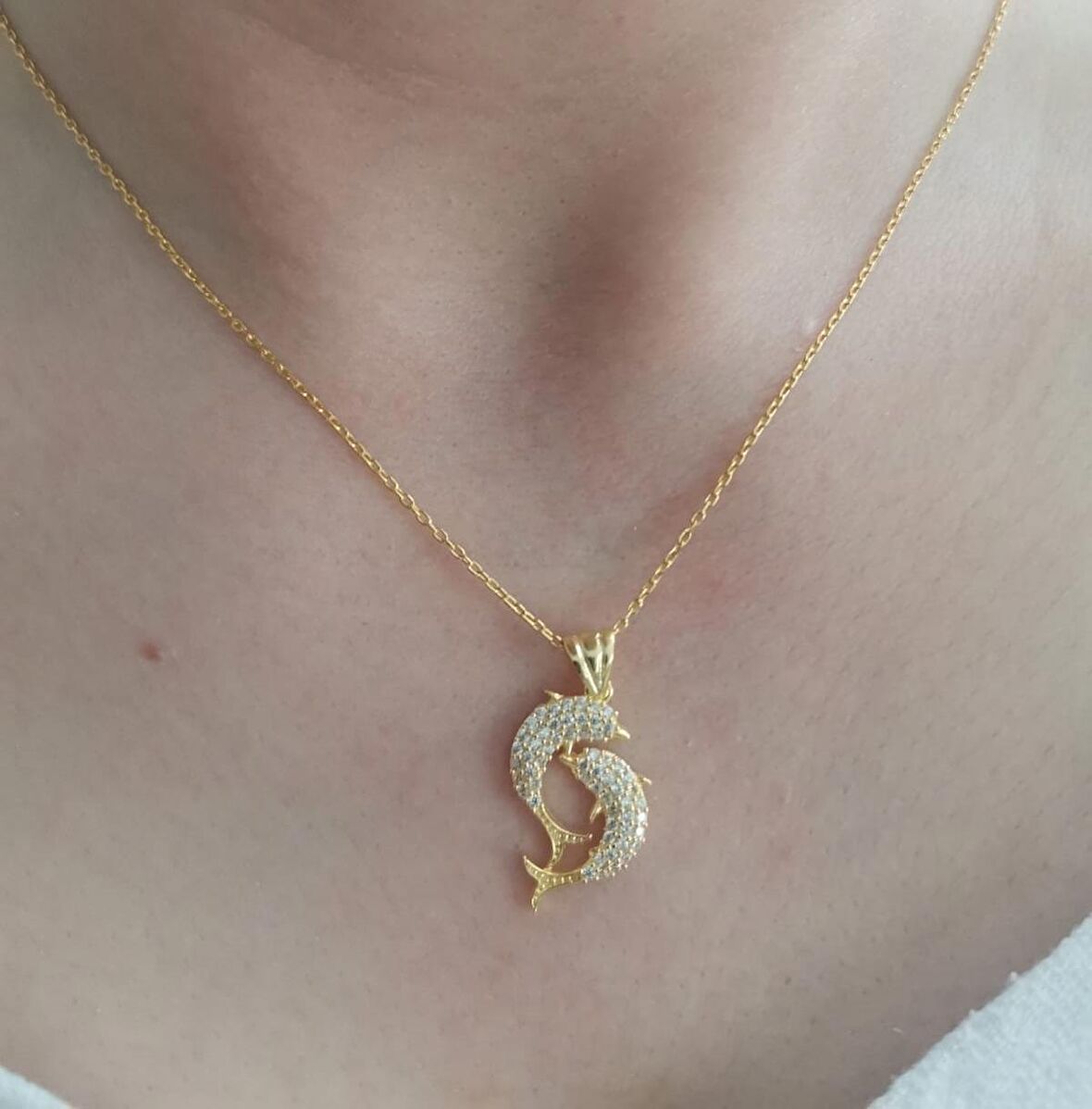 925 Ayar Gümüş - İkili Yunus Balığı Gold Kolye ve Zincir