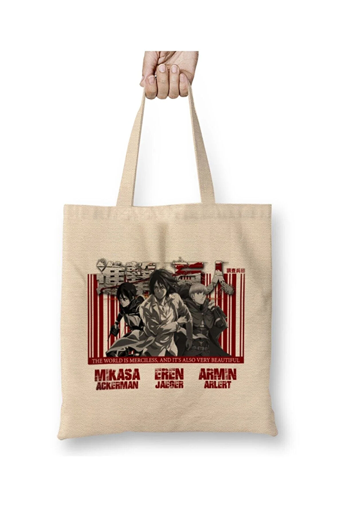 Shingeki no Kyojin Attack On Titan Beyaz Bez Çanta Uzun Saplı Alışveriş Çantası Plaj Çantası