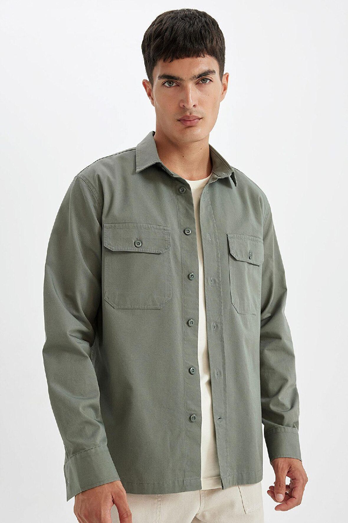DeFacto Regular Fit Polo Yaka Basic Düz Pamuklu Uzun Kollu Gömlek D1060AX24AUKH496