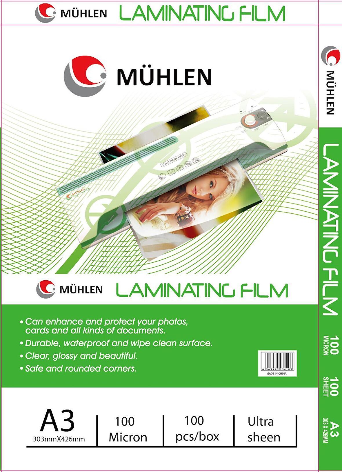 Mühlen Beutel A3-100 | A3 Boyutu, 100 Mikron Laminasyon PVC Filmi 1 Paket 100 Adet