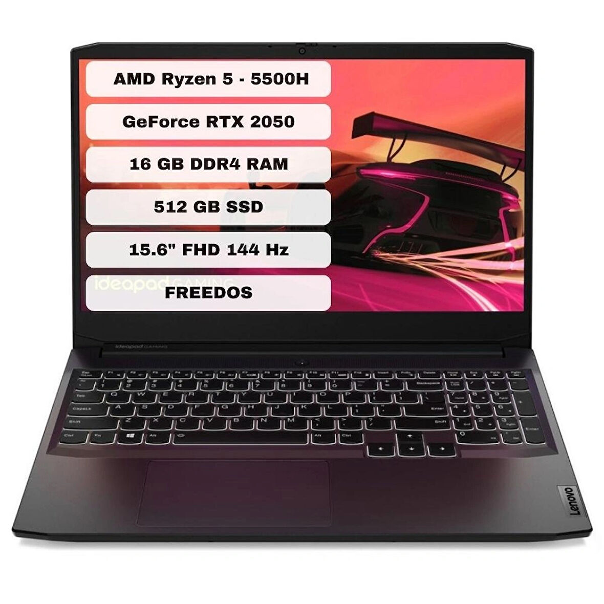 Lenovo Ideapad Gaming 3 AMD Ryzen 5 5500H 16GB 512GB SSD RTX2050 Freedos 15.6" FHD Taşınabilir Bilgisayar 82K202BRTX16