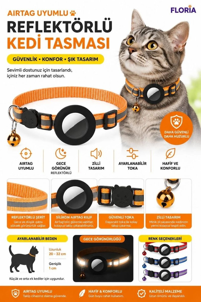 Floria Reflektörlü Airtag Kedi Tasması - Zilli Güvenlik Tokalı Tasma