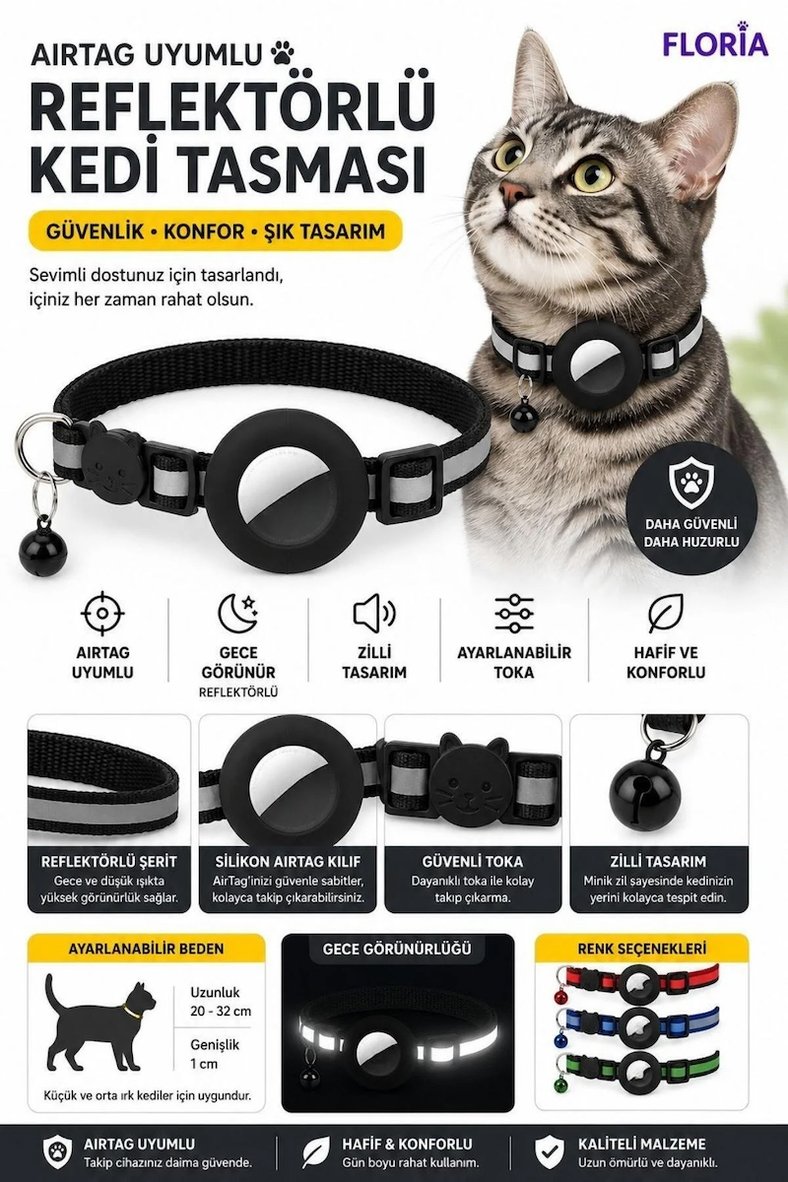 Floria Reflektörlü Airtag Kedi Tasması - Zilli Güvenlik Tokalı Tasma
