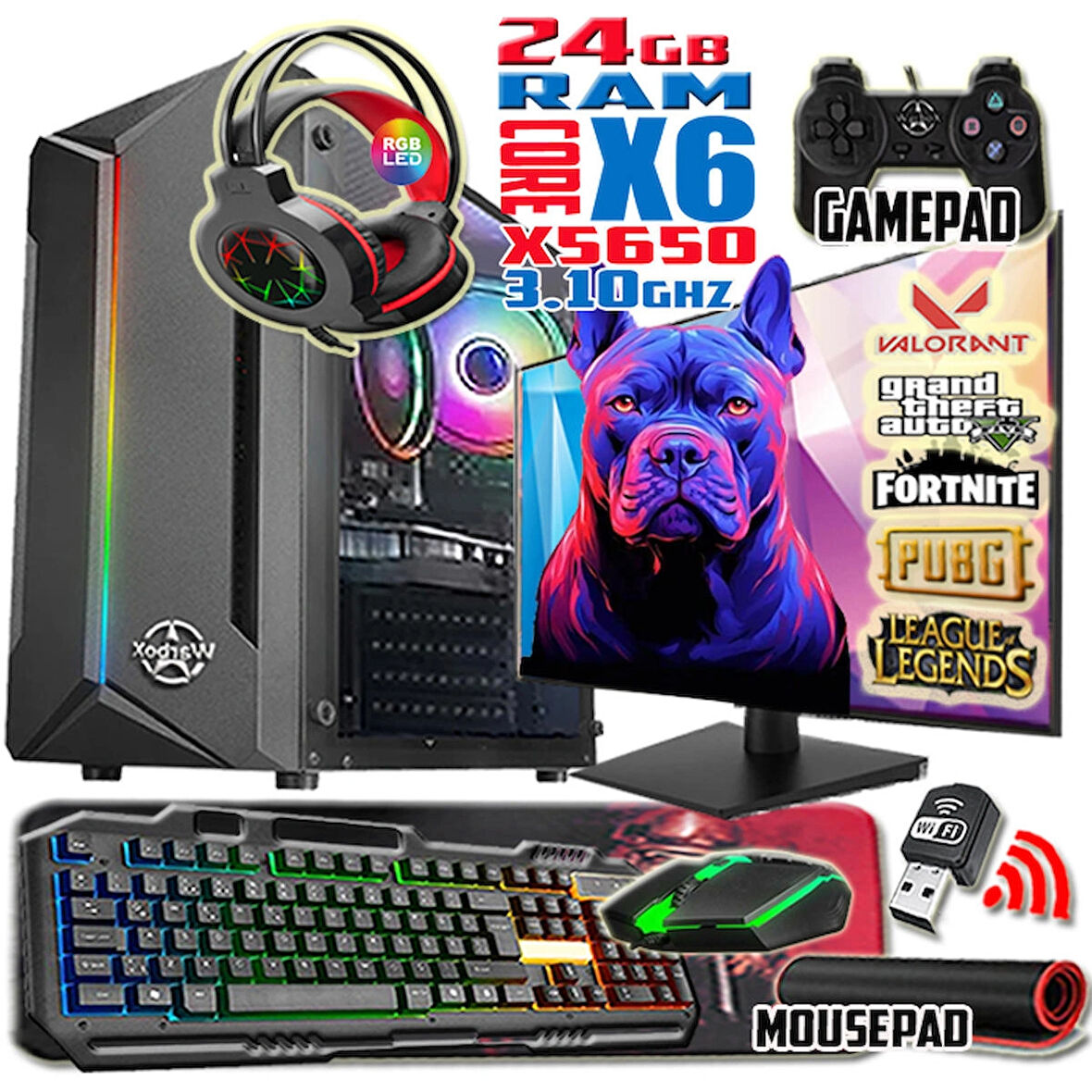 WarboX BULLY Xeon X5650 24gb Ram 256gb SSD 250gb HDD R7 240-4gb E.kartı 24" Monitör Gaming Bilgisayar