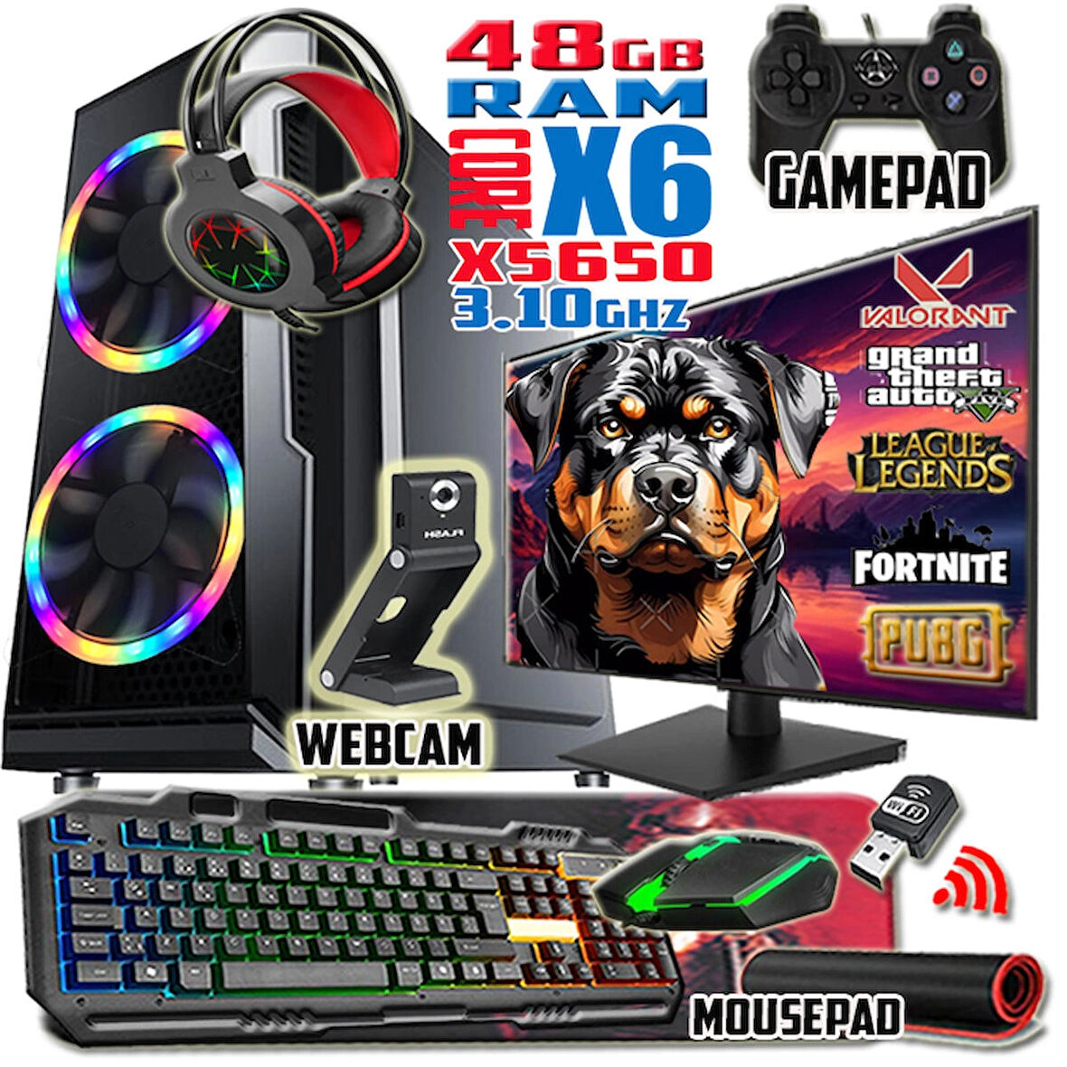WarboX Rottweiler Xeon X5650 3.10ghz 48gb Ram 512gb Ssd R7 240-4gb E.kartı 22" Monitör Gaming Bilgisayar