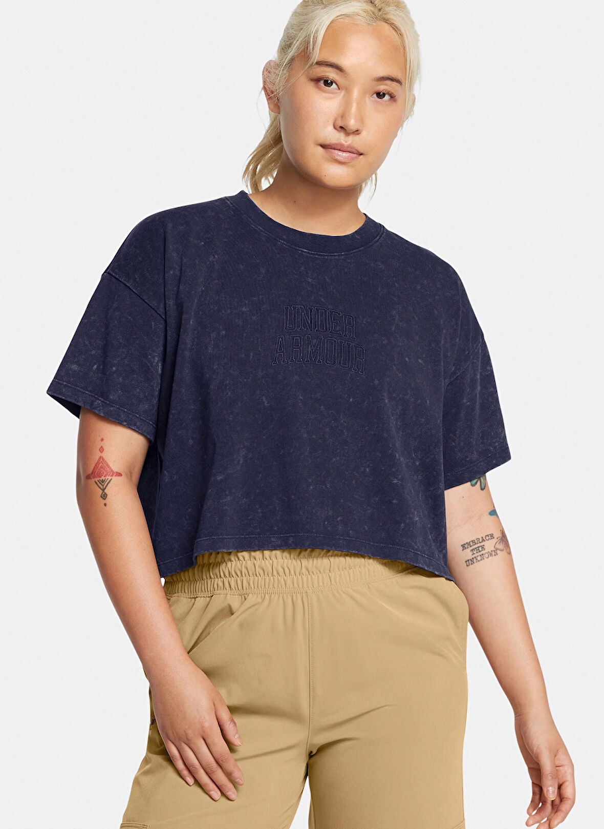 Lacivert Kadın Yuvarlak Yaka Crop Top T-Shirt 1389153-410 UA W VARSITY CROP HW SS