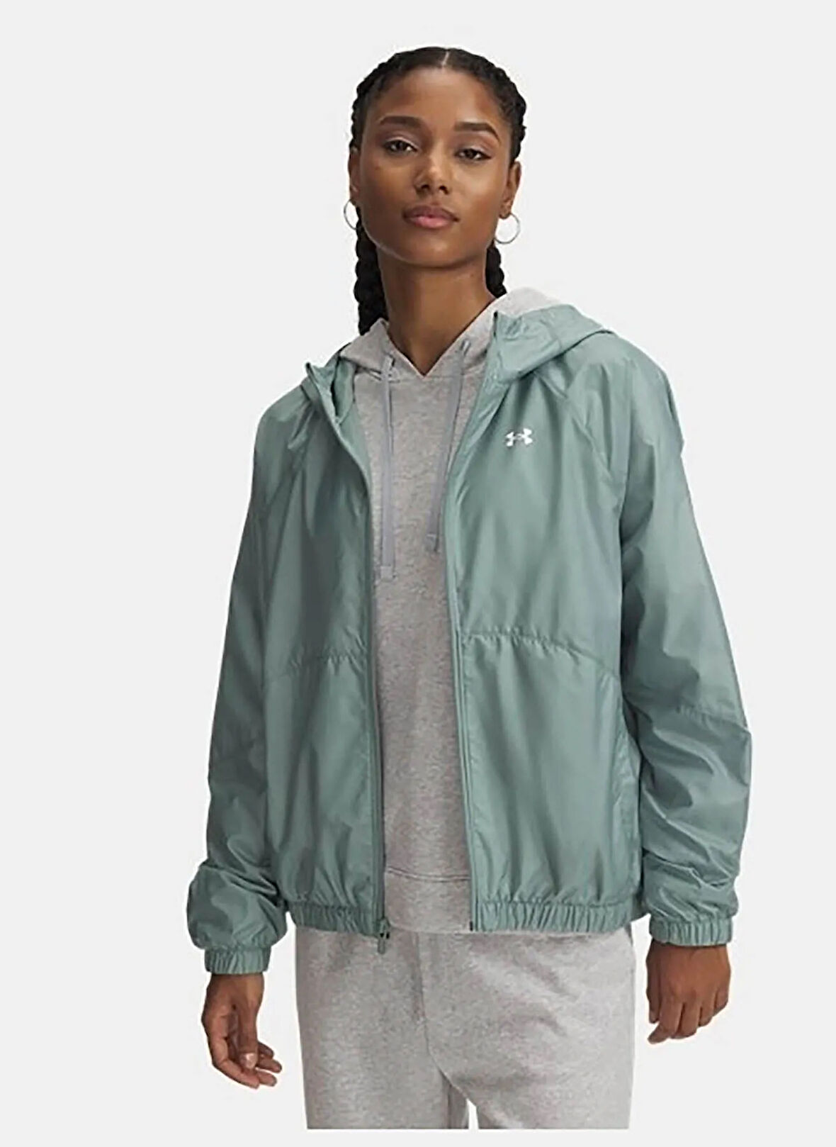 1382698-348 UA Rival Sport Windbrea Yeşil Fermuarlı Loose Fit Kadın Rüzgarlık
