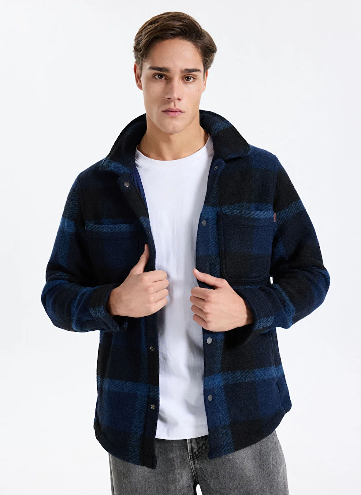 Timberland TB0A44HBV821-Wool Blend Shacket Siyah Regular Fit Desenli Erkek Zip Ceket