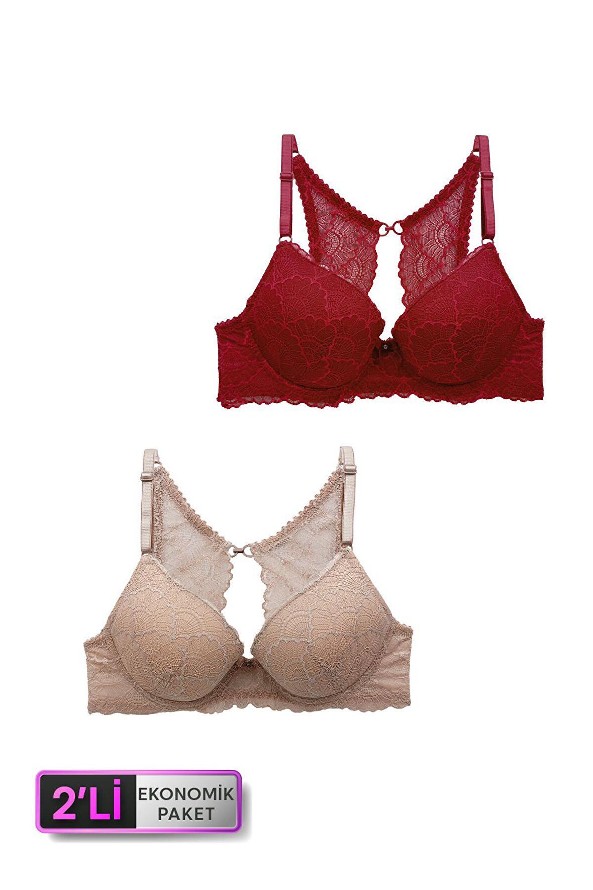 2'li Ekonomik Paket Nude Bordo 6808 Rome Yarı Destekli Sırt Detay Dantelli Sütyen Set