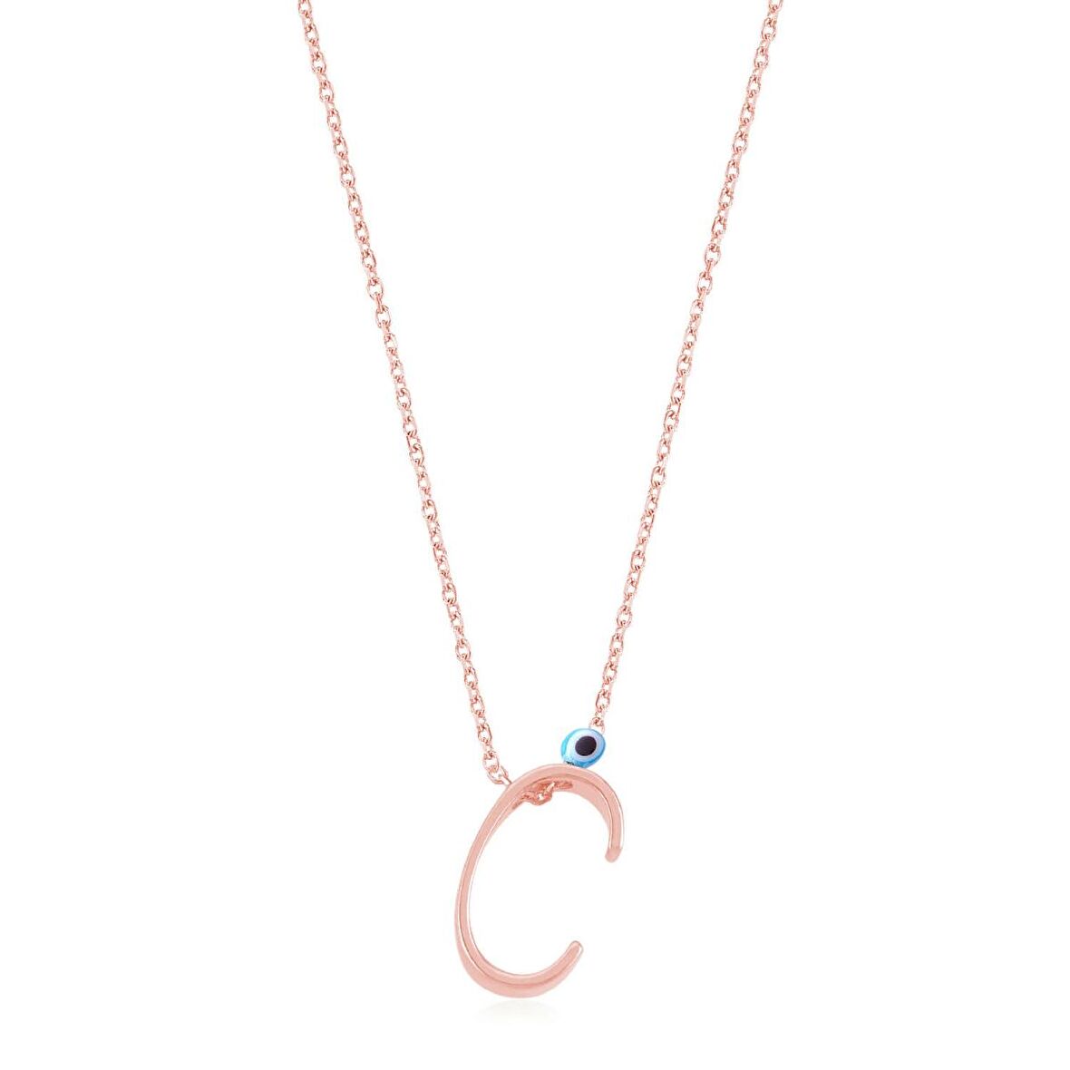 Taşsız Nazar Boncuklu C Harfi Rose Kaplama Gümüş Kolye