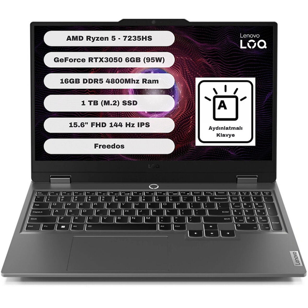 Lenovo LOQ 15ARP9 GTI1 AMD Ryzen 5 7235HS 16GB 1TB SSD RTX3050 Freedos 15.6'' FHD Taşınabilir Bilgisayar 83JC000QTR