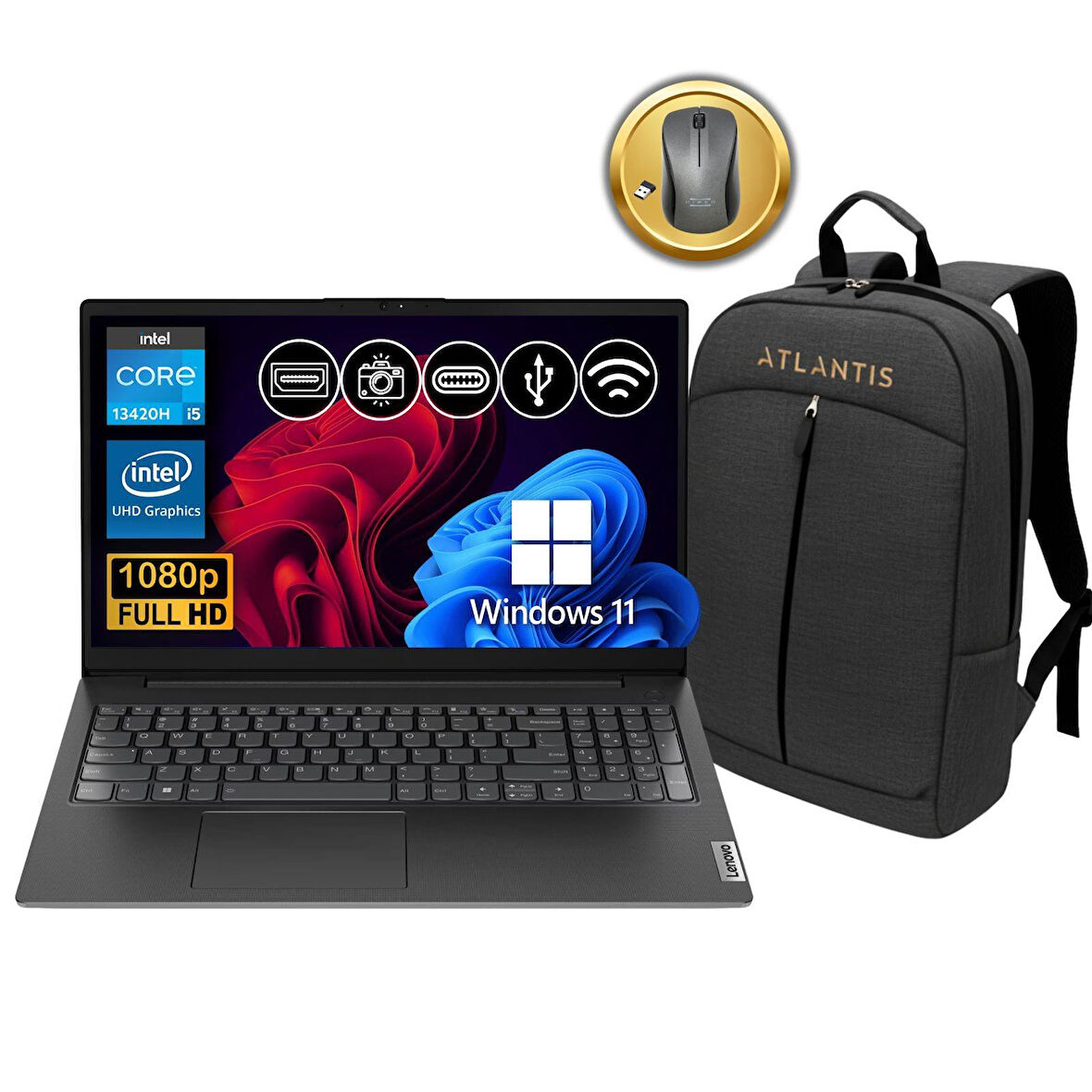 Lenovo V15 G4 IRU i5-13420H 24GB 1TB SSD W11Pro 15.6" Notebook 83A100NSTX ATL91 + Çanta & Mouse