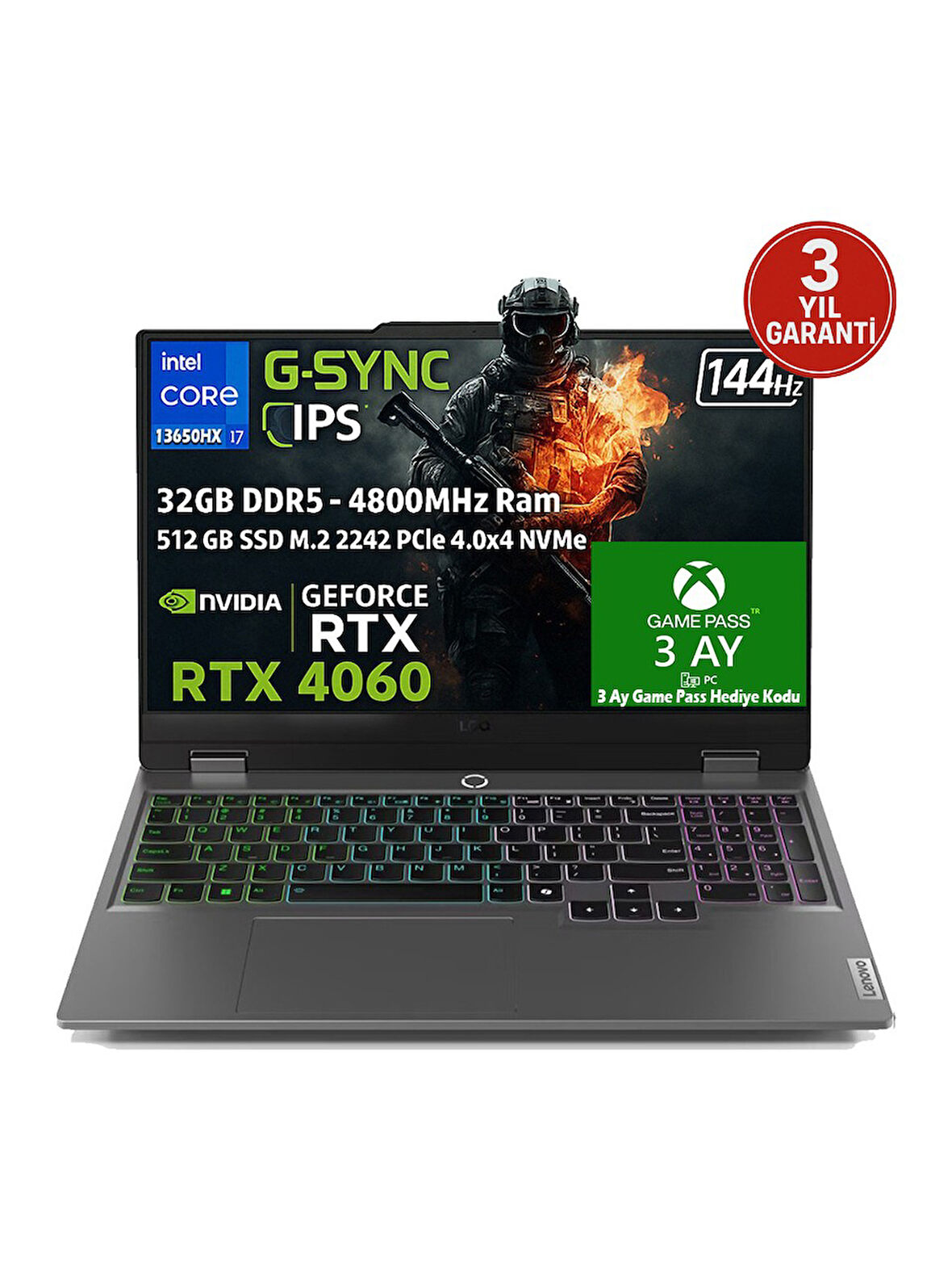 Lenovo LOQ 15IRX9 Intel Core i7-13650HX 32GB 512GB SSD 8GB RTX 4060 15.6" FHD IPS Freedos 83DV011ETR