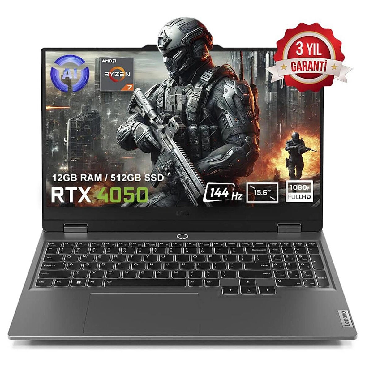 Lenovo LOQ 15ARP9 83JC00FHTR AMD Ryzen 7-7435HS 12GB DDR5 512GB SSD RTX4050 6GB 15.6 inç 144Hz Full HD FreeDos Gaming Laptop (Yapay Zeka Destekli)