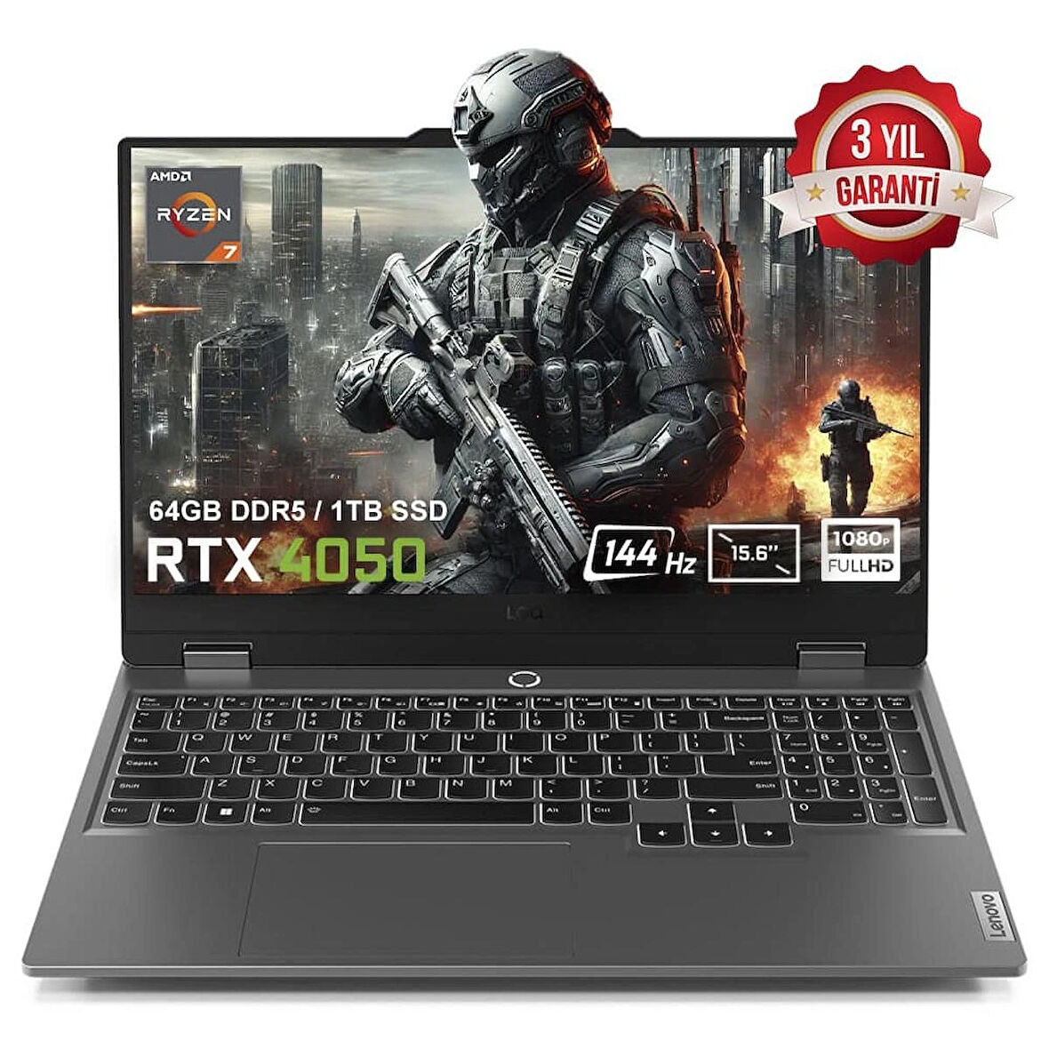 Lenovo LOQ 15ARP9 83JC00FHTRv6 AMD Ryzen 7-7435HS 64GB DDR5 1TB SSD RTX4050 6GB 105W 15.6 inç 144Hz Full HD FreeDos Gaming Laptop
